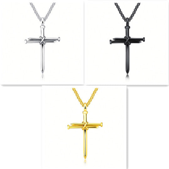 Steel Gold Black Color Fashion Mens Iron Nail Cross Pendant Necklace Stainless Steel 3mm Round Box Chain Jewelry