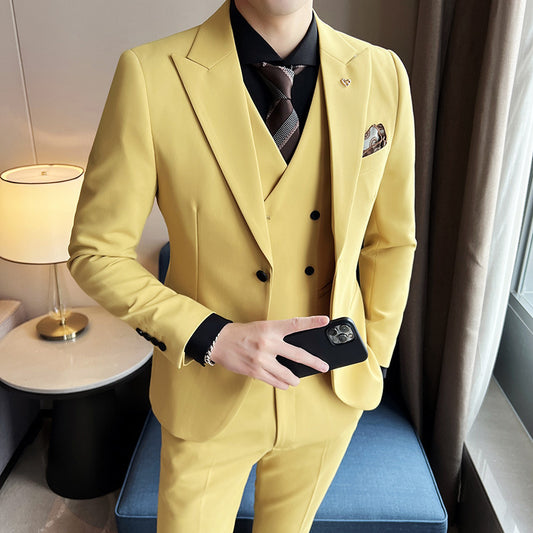 Suit Three-piece Suit Slim Korean Style Double Buckle Solid Color Light Business