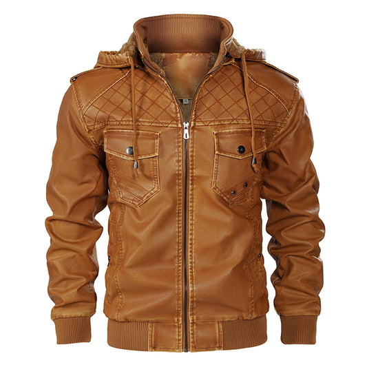 Hooded Leather Jacket Fleece-lined Men's Autumn And Winter New