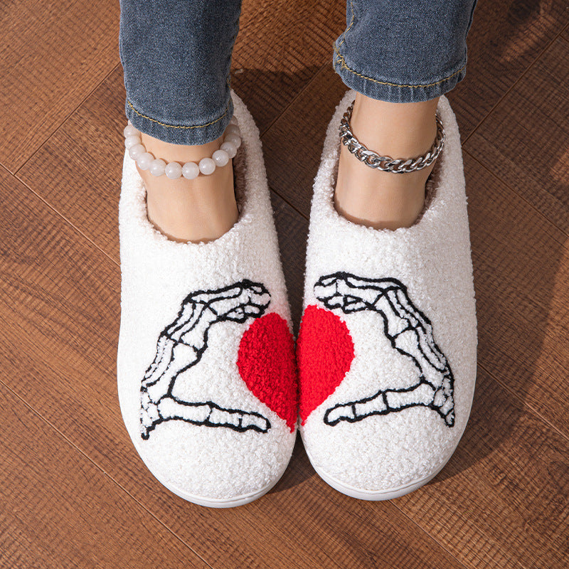 Funny Halloween Love Skull-hand Slippers Home Non-slip Soft Bottom Cotton Floor Bedroom Slippers Winter Warm House Shoes For Women Men