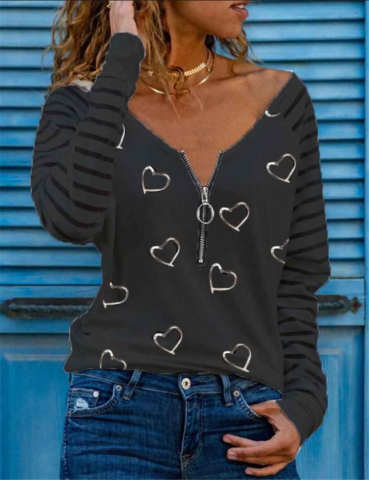 Long Sleeve Love Printed V-Neck Zip T-Shirt