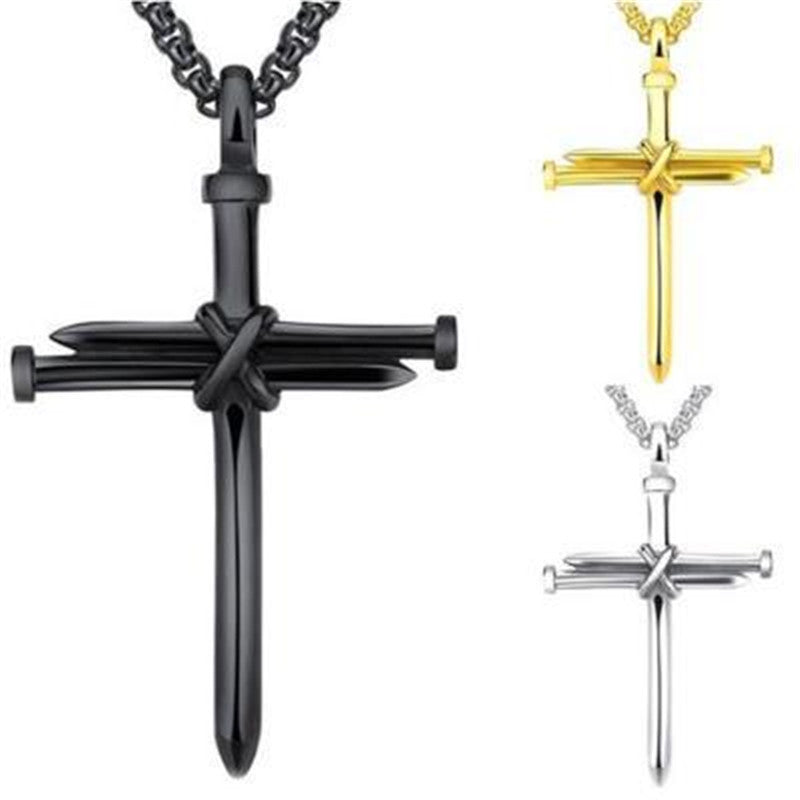 Steel Gold Black Color Fashion Mens Iron Nail Cross Pendant Necklace Stainless Steel 3mm Round Box Chain Jewelry