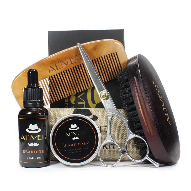 Beard Set Five-Piece Care Tool Beard Cream Beard Oil Comb Brush Scissors