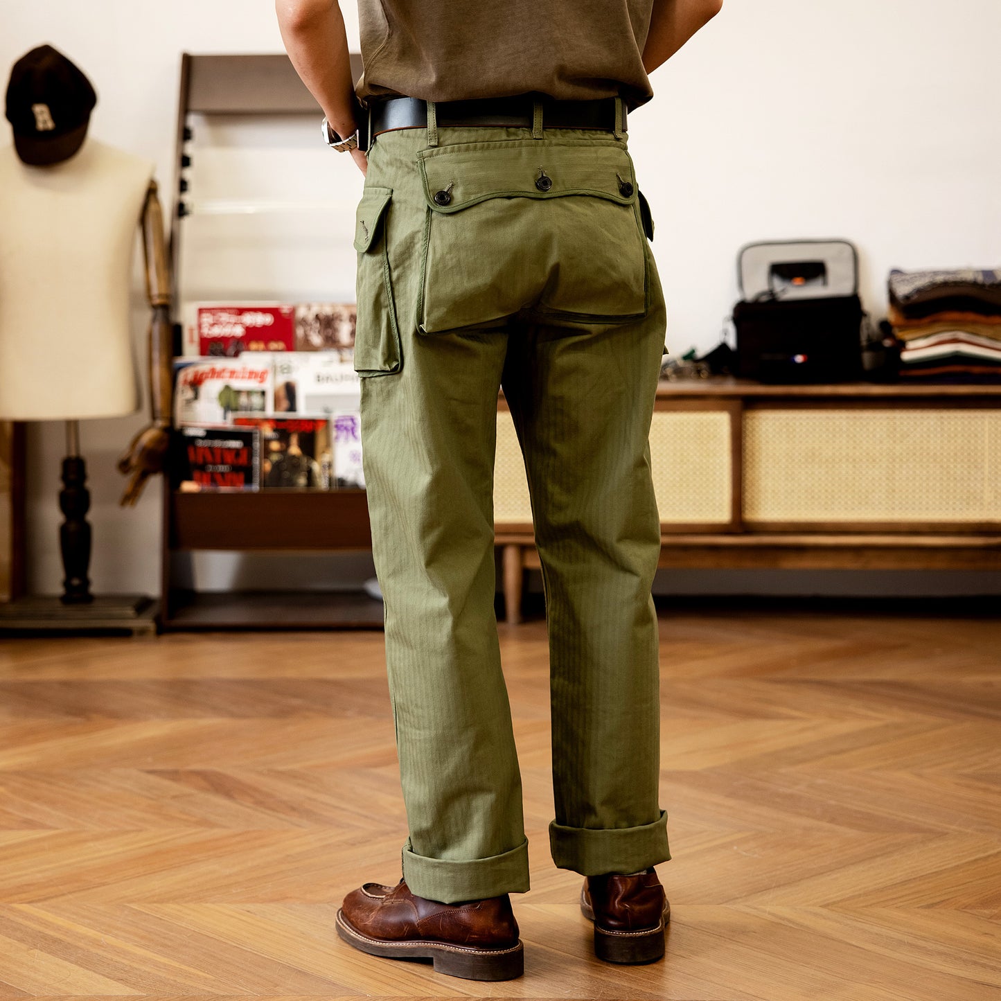 Men's Army Green Loose Straight Wide-leg Casual Pants