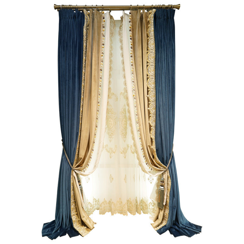 Light Luxury Stitching Dark Blue Velvet Cloth Bedroom Water-soluble Embroidered Curtain