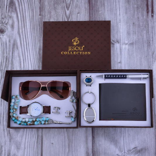 Men's Gift Set - Glasses + Watch + cuff link + Rosary + key chain + Ring + Wallet + pen