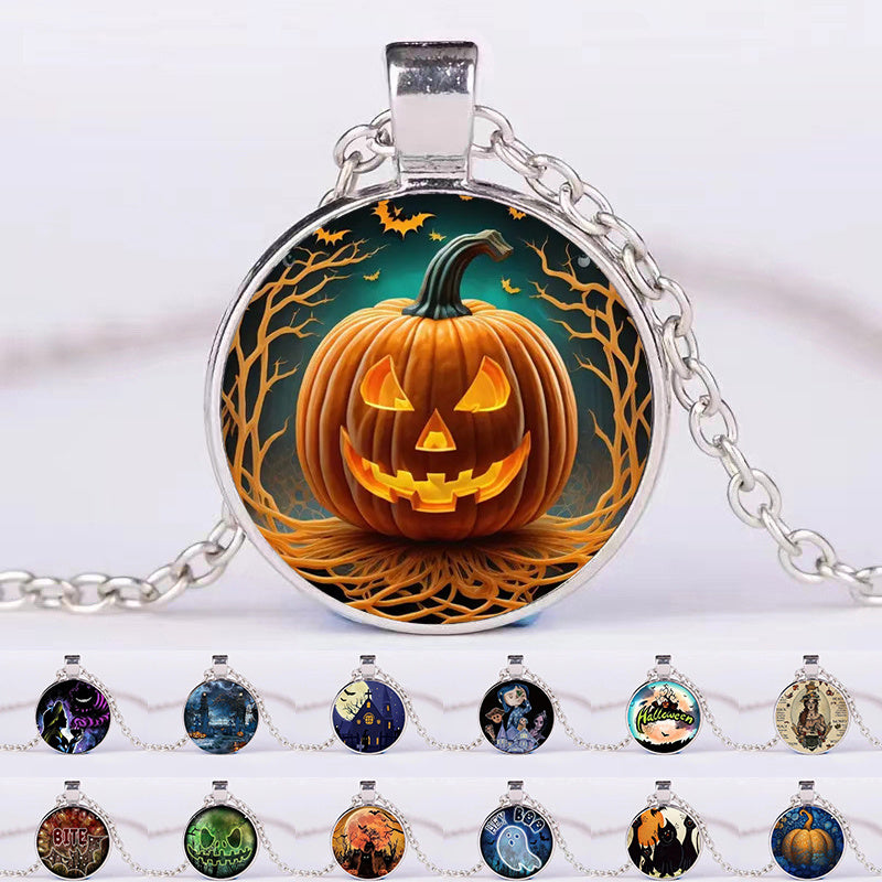 Halloween Round Pumpkin Ghost Bat Necklace Men And Women Personality Clavicle Necklace Fashion Jewelry Accessories