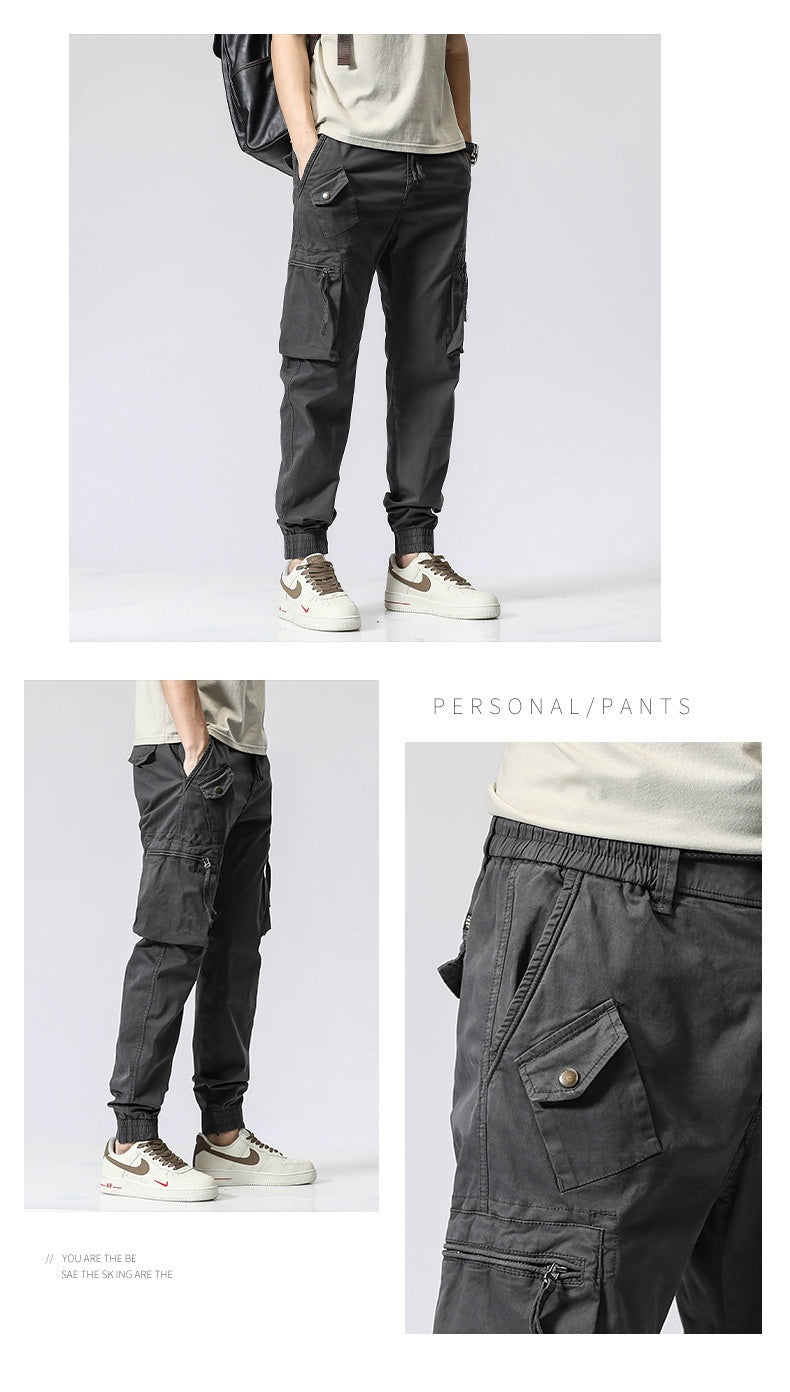 Casual Pants Trendy Brand Elastic Waist Men's Youth Simple Pure Cotton Multi-pocket Work Pants Trousers Ankle-tied