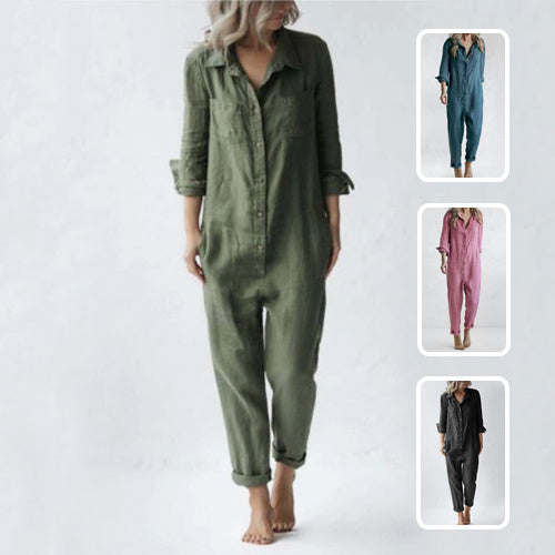 Casual Long Sleeve Jumpsuit With Pockets Fashion Loose Lapel Button Romper Pants Womens Clothing