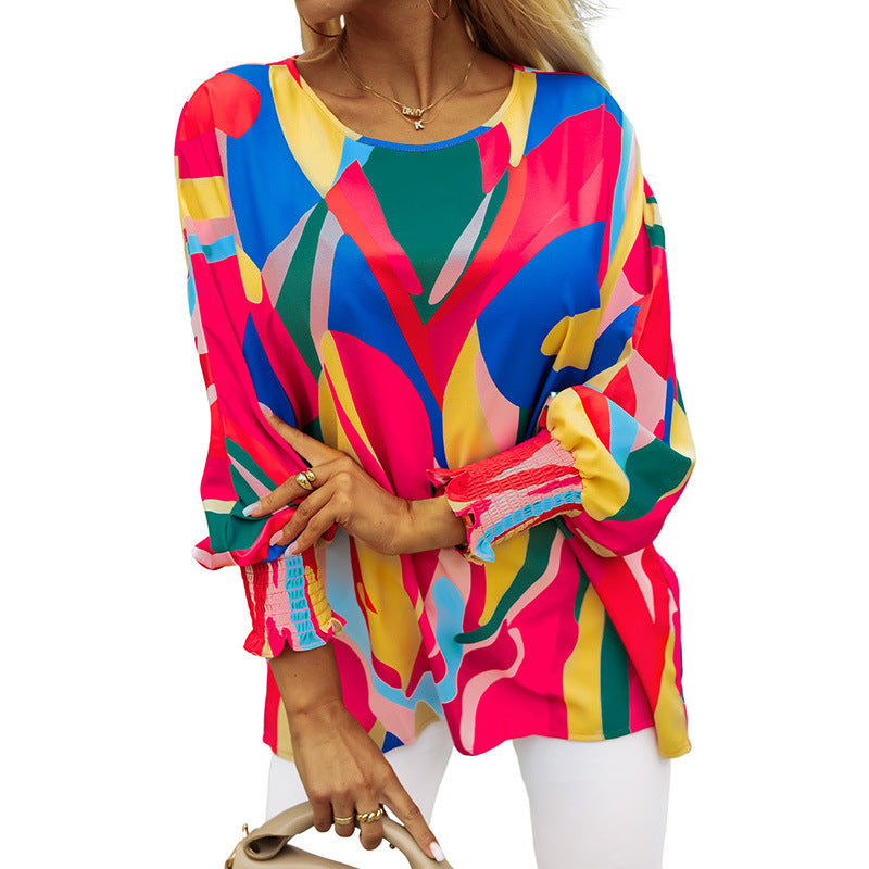 Multi-color Pullover Chiffon Shirt Personalized Abstract Printing Ruffled Long-sleeved Top