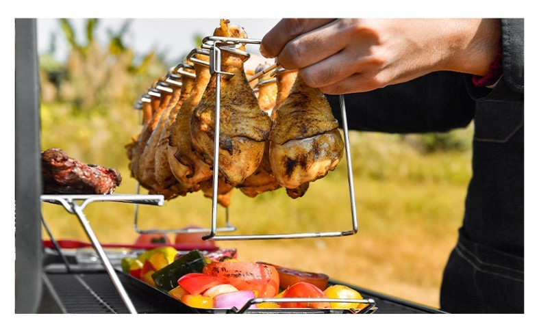 Portable Grilling Basket Mesh Clip 14 Slot Stainless Steel BBQ Rib Shelf Non-Stick Barbecue Chicken Wing Leg Rack