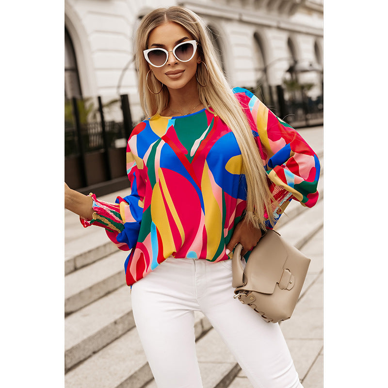 Multi-color Pullover Chiffon Shirt Personalized Abstract Printing Ruffled Long-sleeved Top