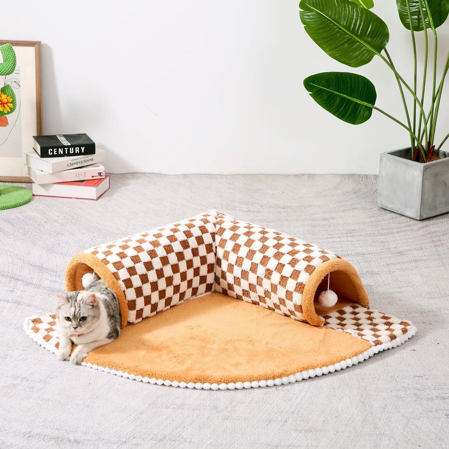 2 In 1 Dog Cat Bed Tunnel Cute Fan Shaped Pet Bed Funny Plush Plaid