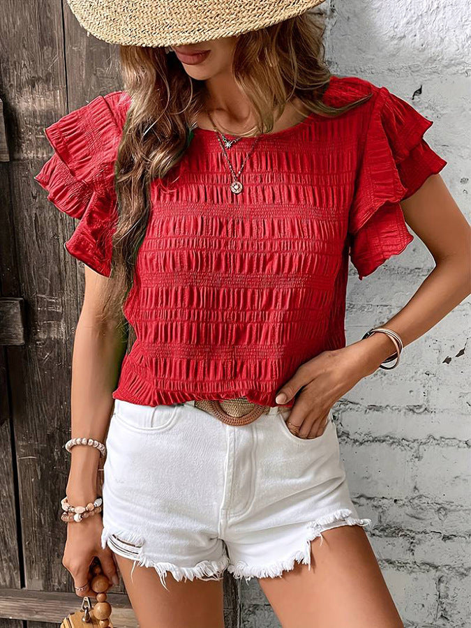 Summer Ruffled Short-sleeved T-shirt Casual Round Neck Pleated Design Top For Women Clothing