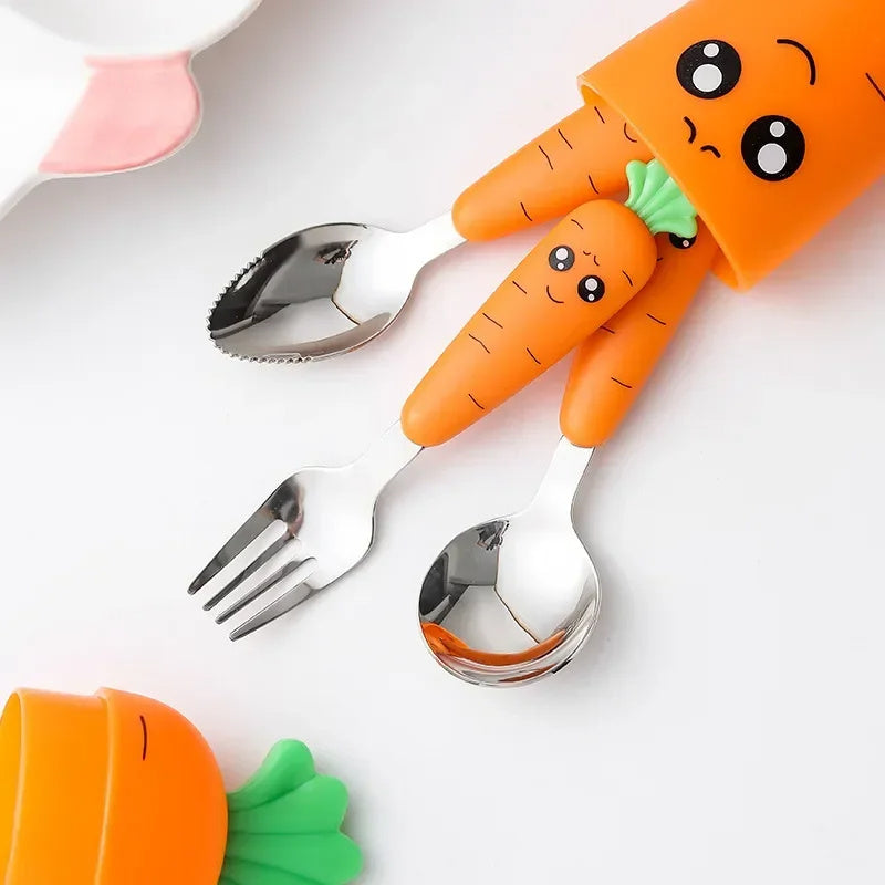 New Trending Children's Carrot Tableware Suit 304 Stainless Steel Tableware Baby Solid Food Spoon Fork Tableware