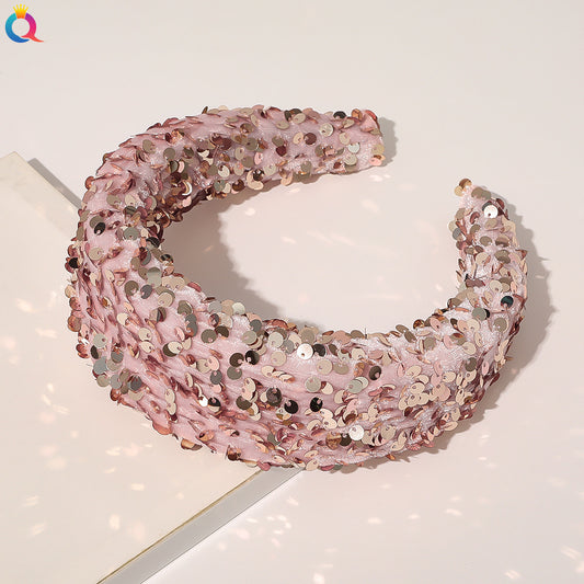 Qiyue Cross Border Amazon Fish Scales Sequins Sponge Hair Band Ball Show Fashion Wide Edge Headband Hair Accessories For Women