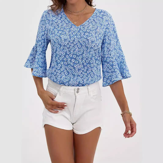 V-neck Chiffon Bell Sleeve Loose Short-sleeved Shirt