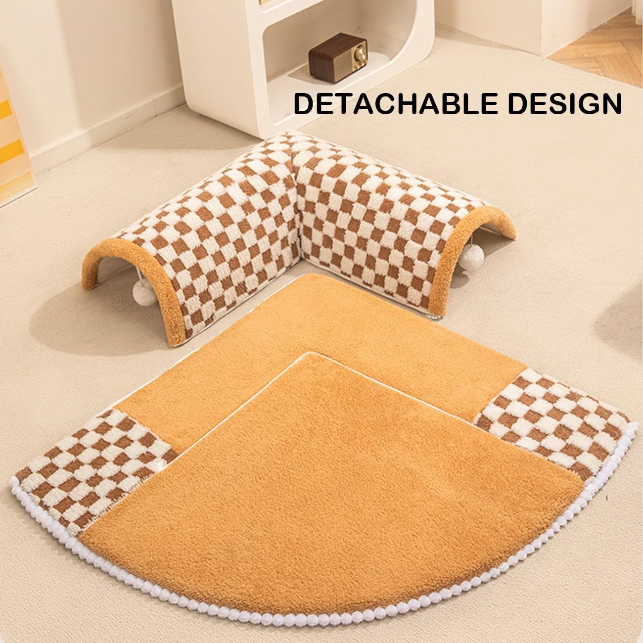 2 In 1 Dog Cat Bed Tunnel Cute Fan Shaped Pet Bed Funny Plush Plaid