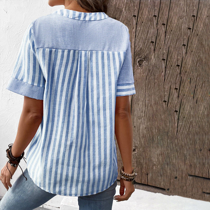 Summer V-neck Short-sleeved Shirt Blouse Fashion V-neck Asymmetric Stripes Patchwork Design Top Womens Clothing