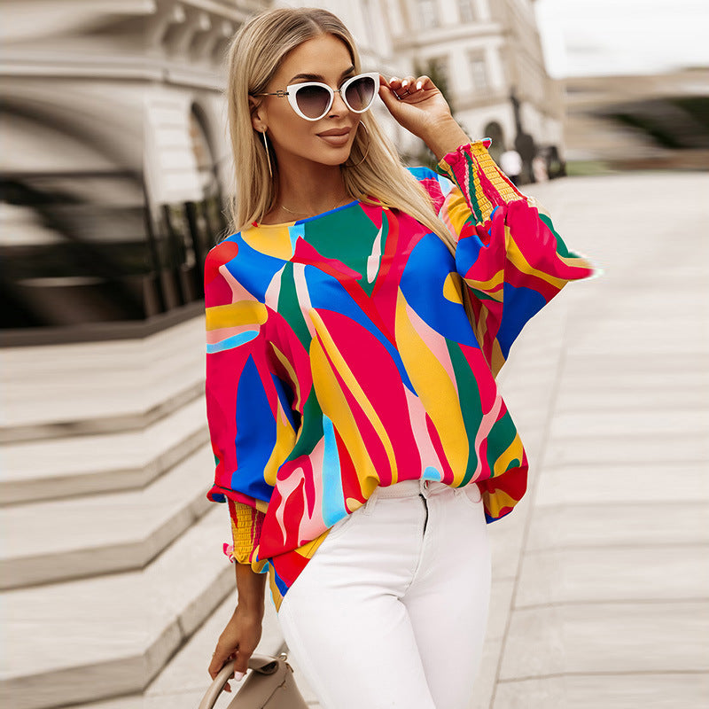 Multi-color Pullover Chiffon Shirt Personalized Abstract Printing Ruffled Long-sleeved Top