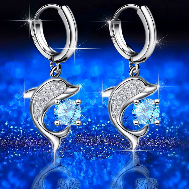 Dolphin Water Drop Ear Clip Full Diamond Mid-length Earrings