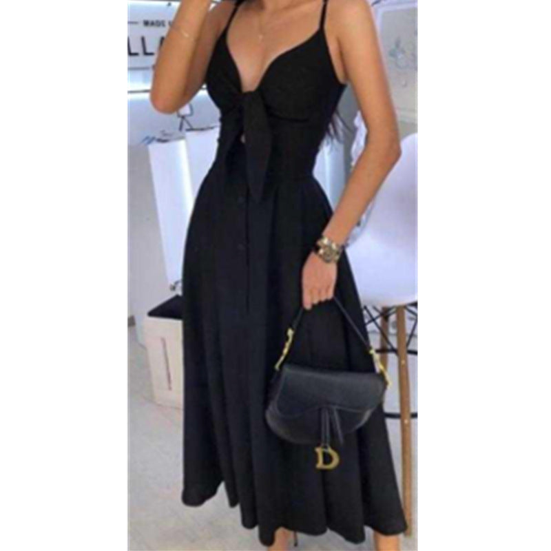 New V-Neck Lace-Up Waist Full-Length Floral Sexy Sling Dress Long Skirt Women