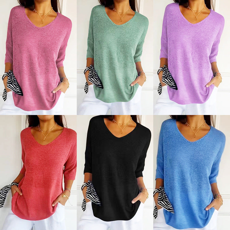 Solid Long Sleeve Sweater Slimming V-neckline Knitwear Women's Bottoming Shirt