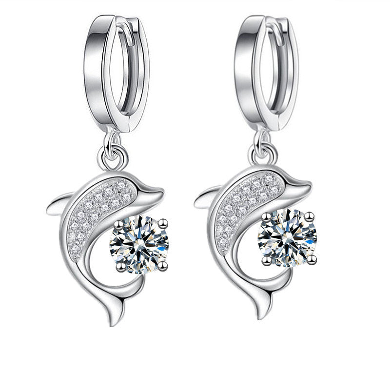 Dolphin Water Drop Ear Clip Full Diamond Mid-length Earrings