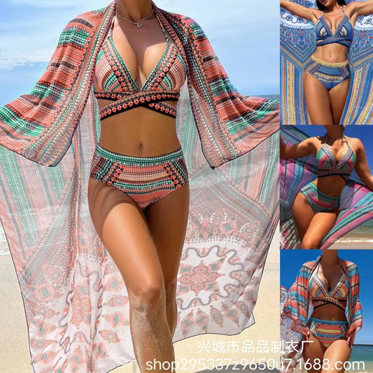 Women's Split Cross Strap Retro Ethnic Style Swimsuit