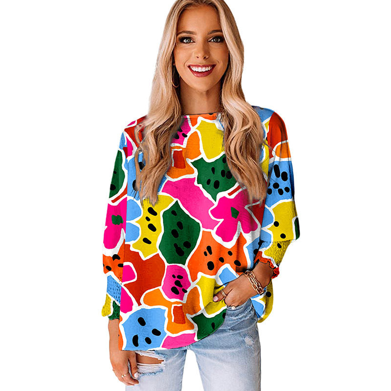 Multi-color Pullover Chiffon Shirt Personalized Abstract Printing Ruffled Long-sleeved Top