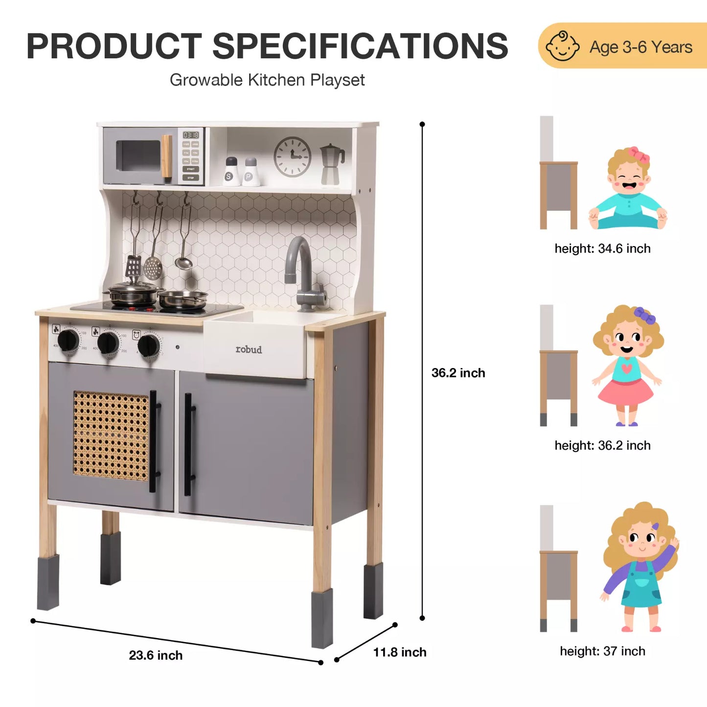 ROBOTIME DIY Pretend Play Kitchen Cooking Toy Set Gift For Boys And Girls Gray