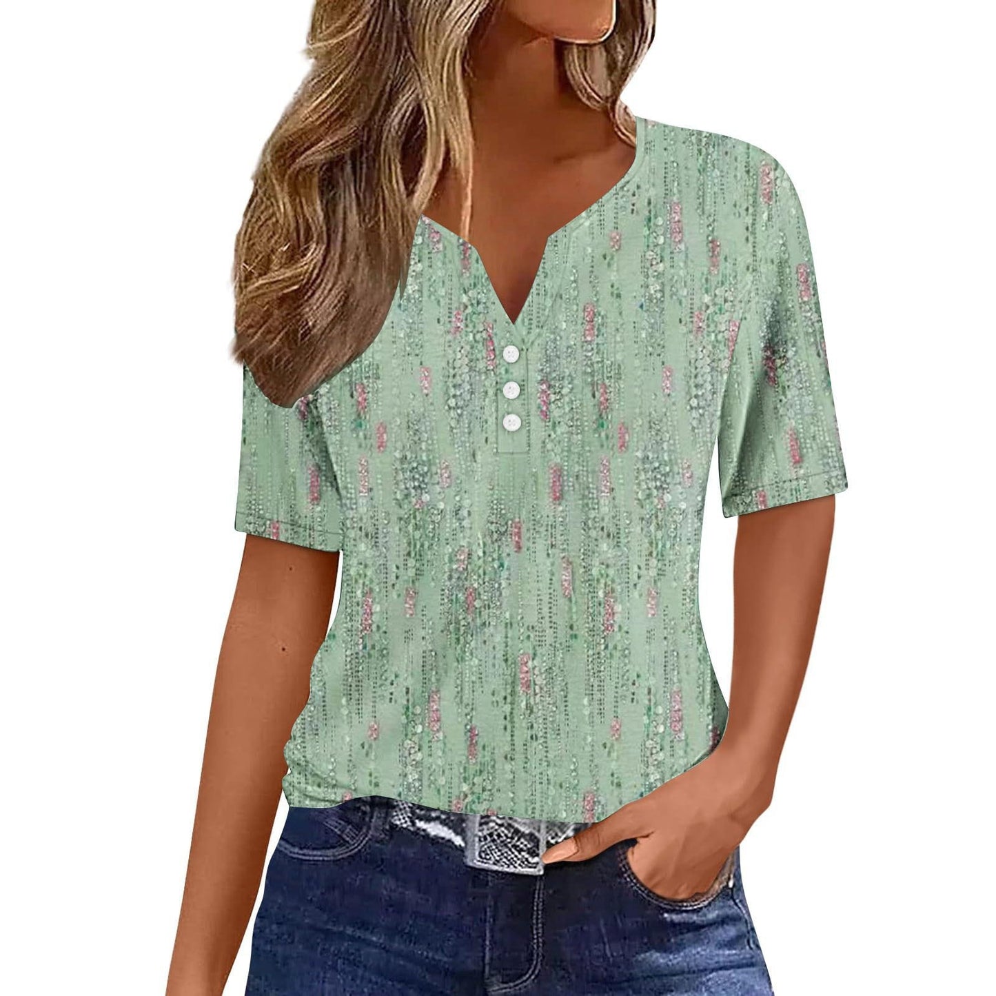 Women's Floral Printed V-neck Short Sleeve Button T-shirt