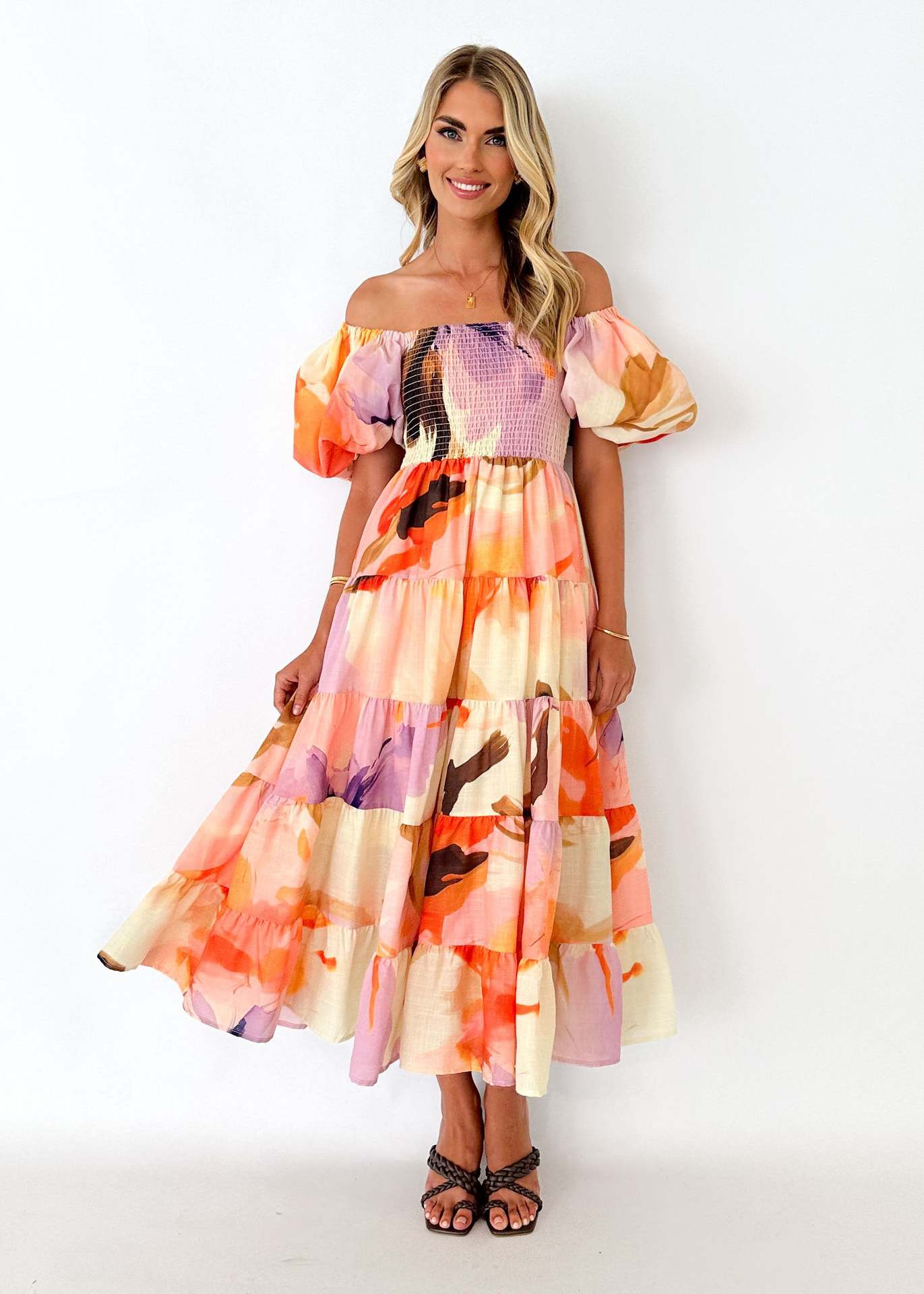 One-neck Printed Pettiskirt Puff Sleeve Dress Women