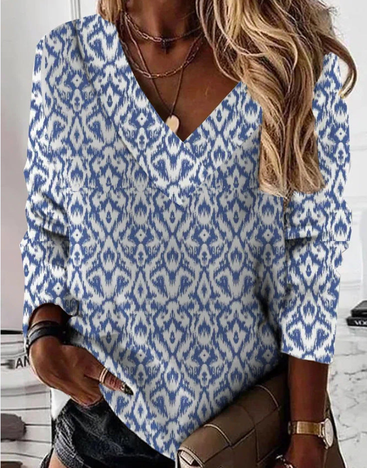 European And American Long Sleeve V-neck Floral Style Women's Shirt