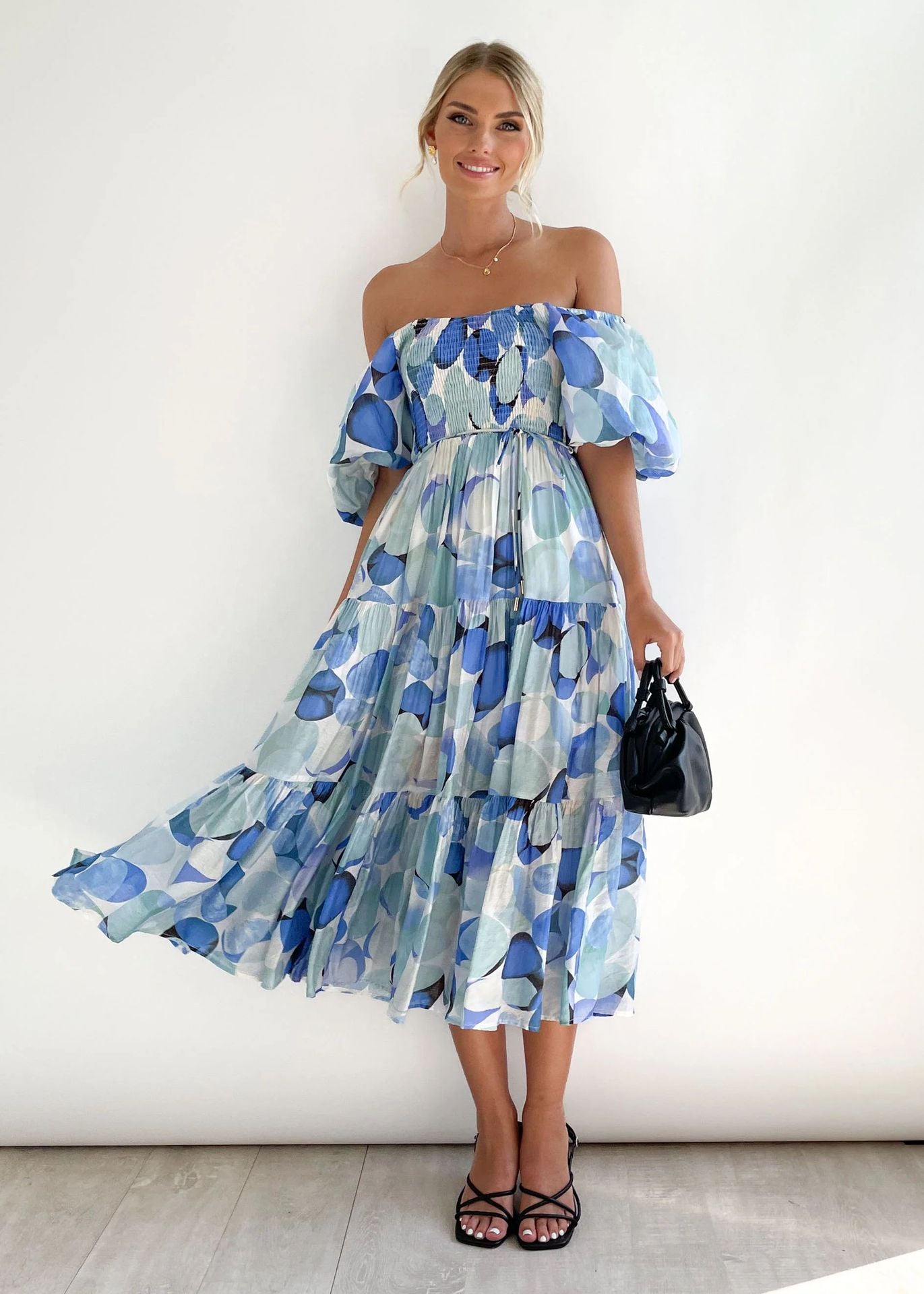 One-neck Printed Pettiskirt Puff Sleeve Dress Women