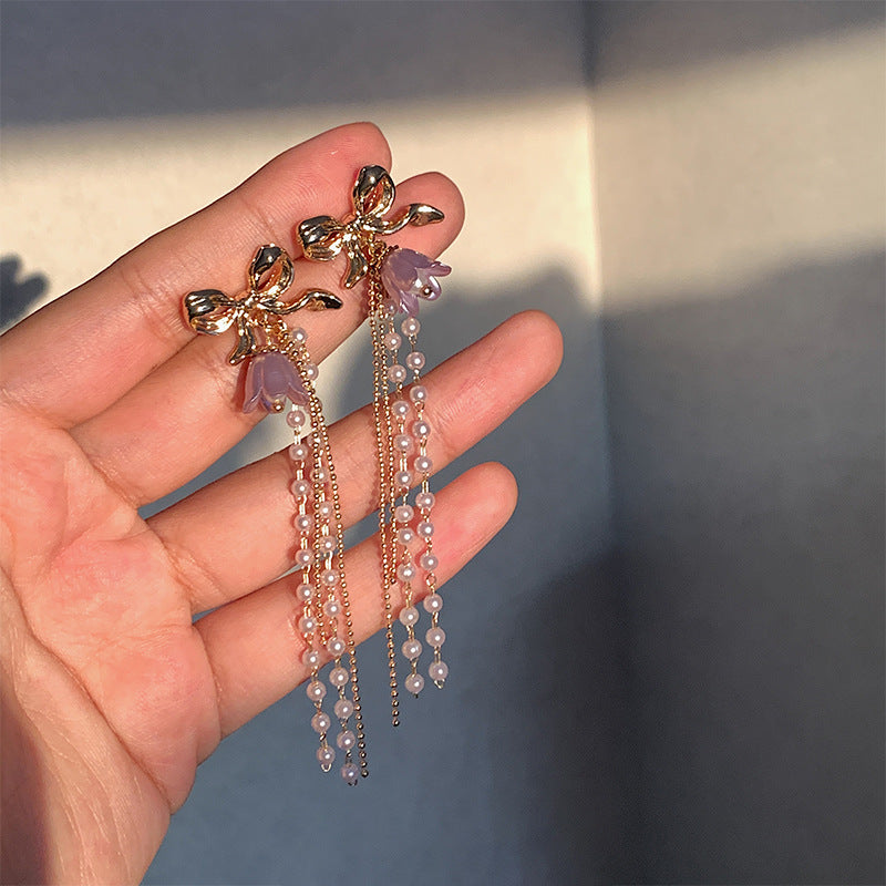 Romantic Earrings Lavender Linglan Pearl Tassel Ear Clip