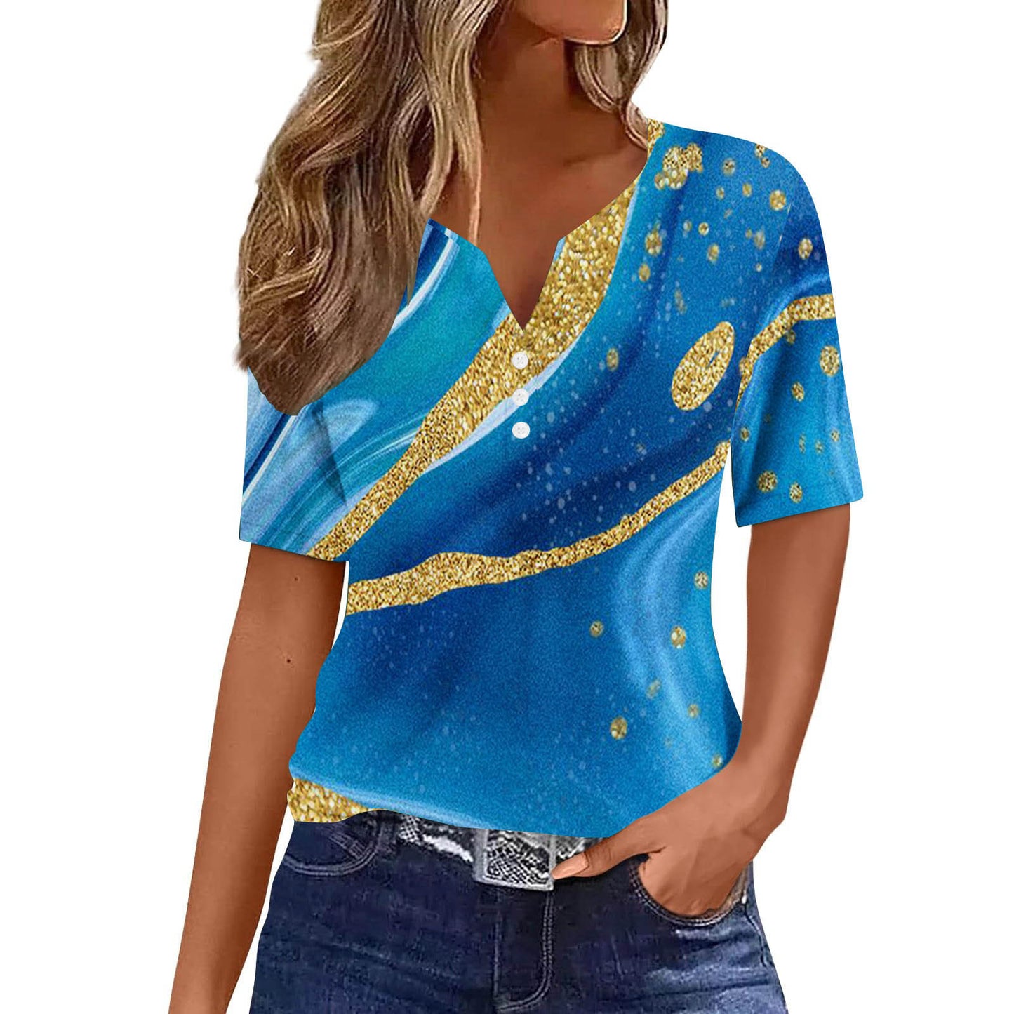 Women's Floral Printed V-neck Short Sleeve Button T-shirt