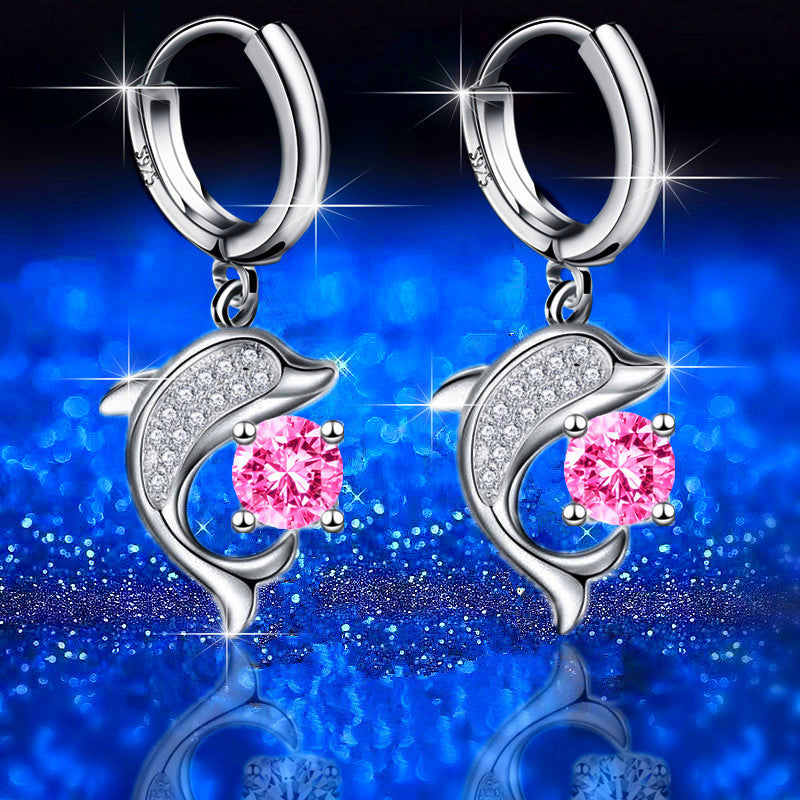 Dolphin Water Drop Ear Clip Full Diamond Mid-length Earrings