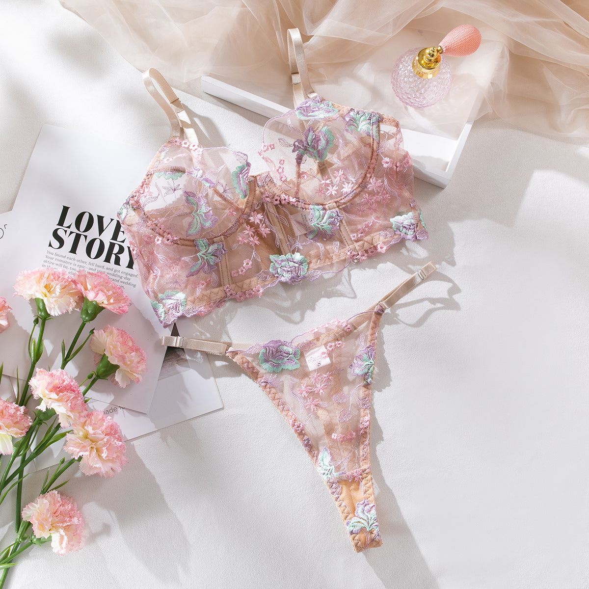 Underwear Embroidered Flower Fishbone Sexy Push Up Suit