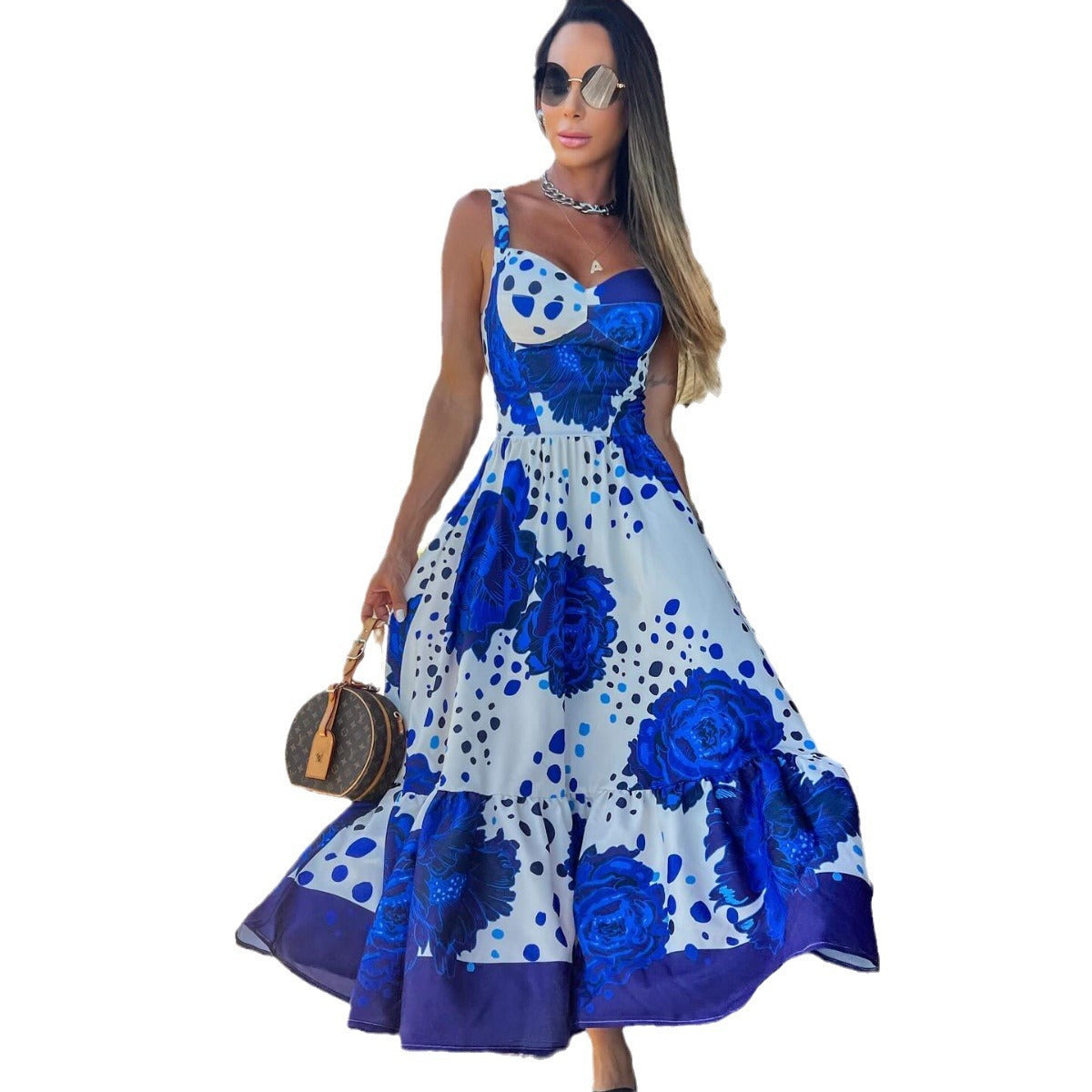 Blue Printed Sling Women's Full-length Dress