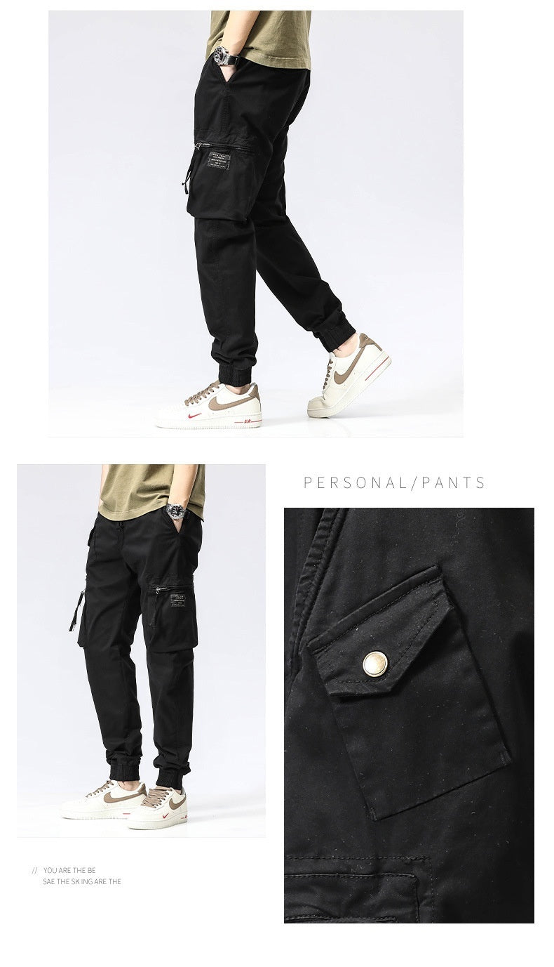 Casual Pants Trendy Brand Elastic Waist Men's Youth Simple Pure Cotton Multi-pocket Work Pants Trousers Ankle-tied