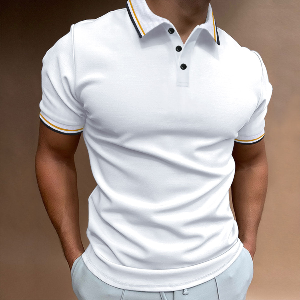 Men's Slim Polo Shirt Rib Striped T-shirt Top