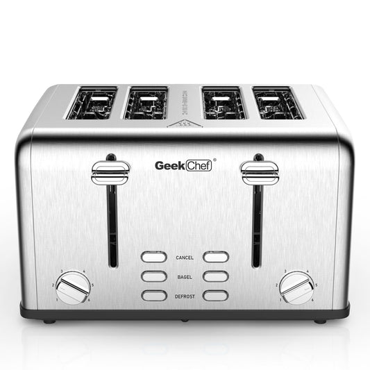 Toaster 4 Slice, Geek Chef Stainless Steel Extra-Wide Slot Toaster With Dual Control Panels Of Bagel,Defrost,Cancel Function