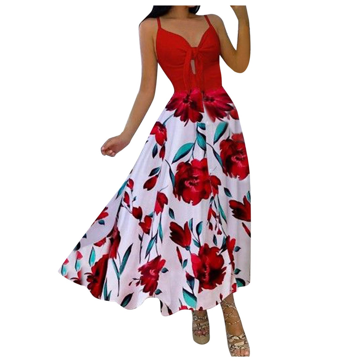 New V-Neck Lace-Up Waist Full-Length Floral Sexy Sling Dress Long Skirt Women