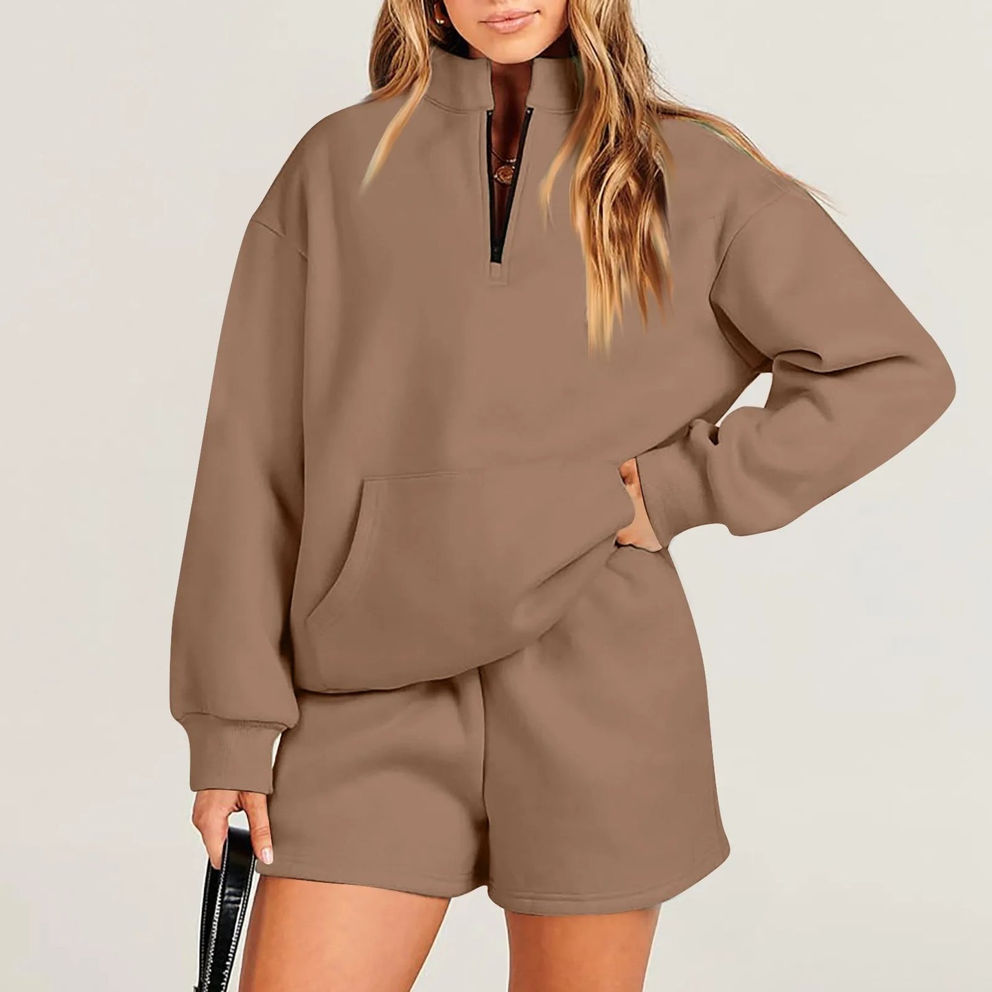 Women's Fashion Solid Color Stand Collar Half Zip Pullover Long Sleeve Sweater Shorts Suit