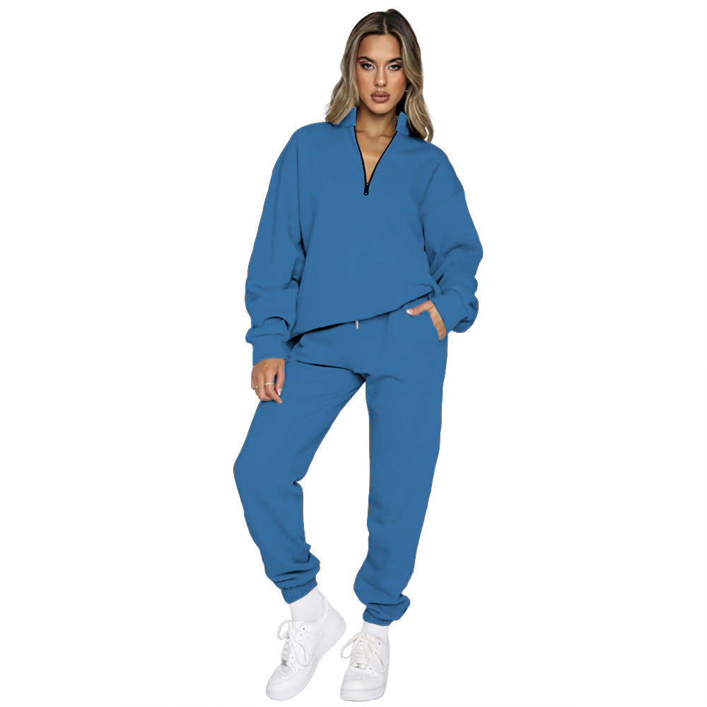 Women's Fashion Zipper Pullover Long Sleeve Sweater Two-piece Set