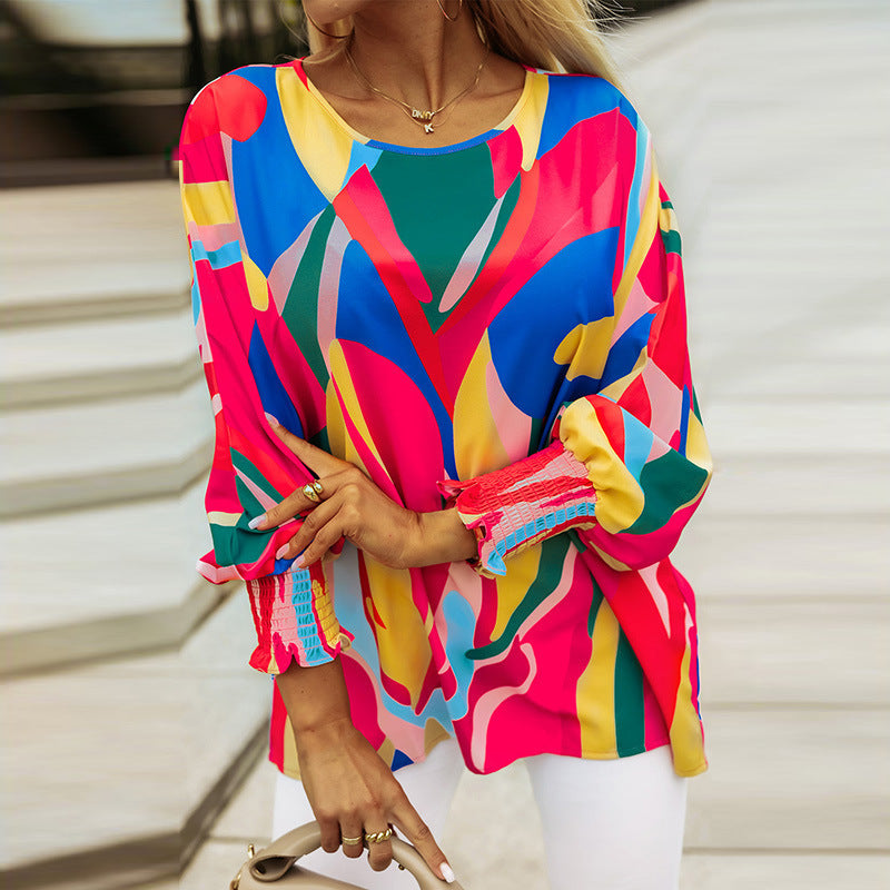 Multi-color Pullover Chiffon Shirt Personalized Abstract Printing Ruffled Long-sleeved Top