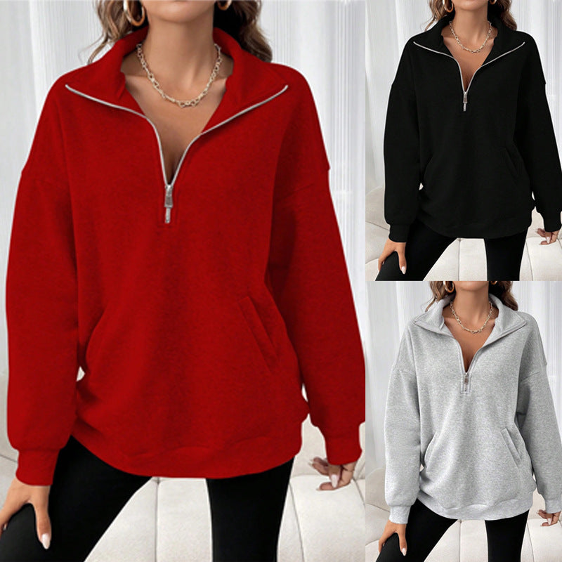 Polo Collar Solid Color Casual Women's Hoodie