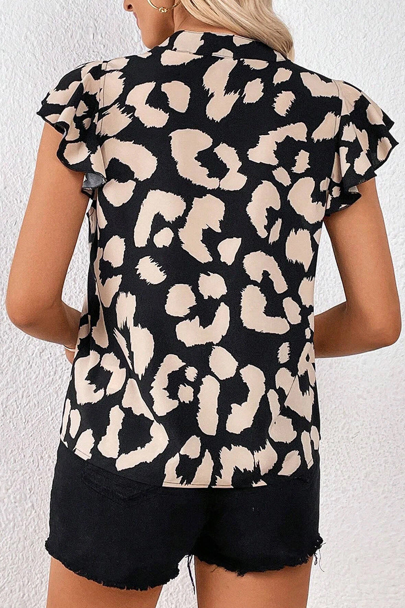 Leopard Print Pullover Chiffon Shirt Contrast V-neck Drop Shoulder Short Sleeve