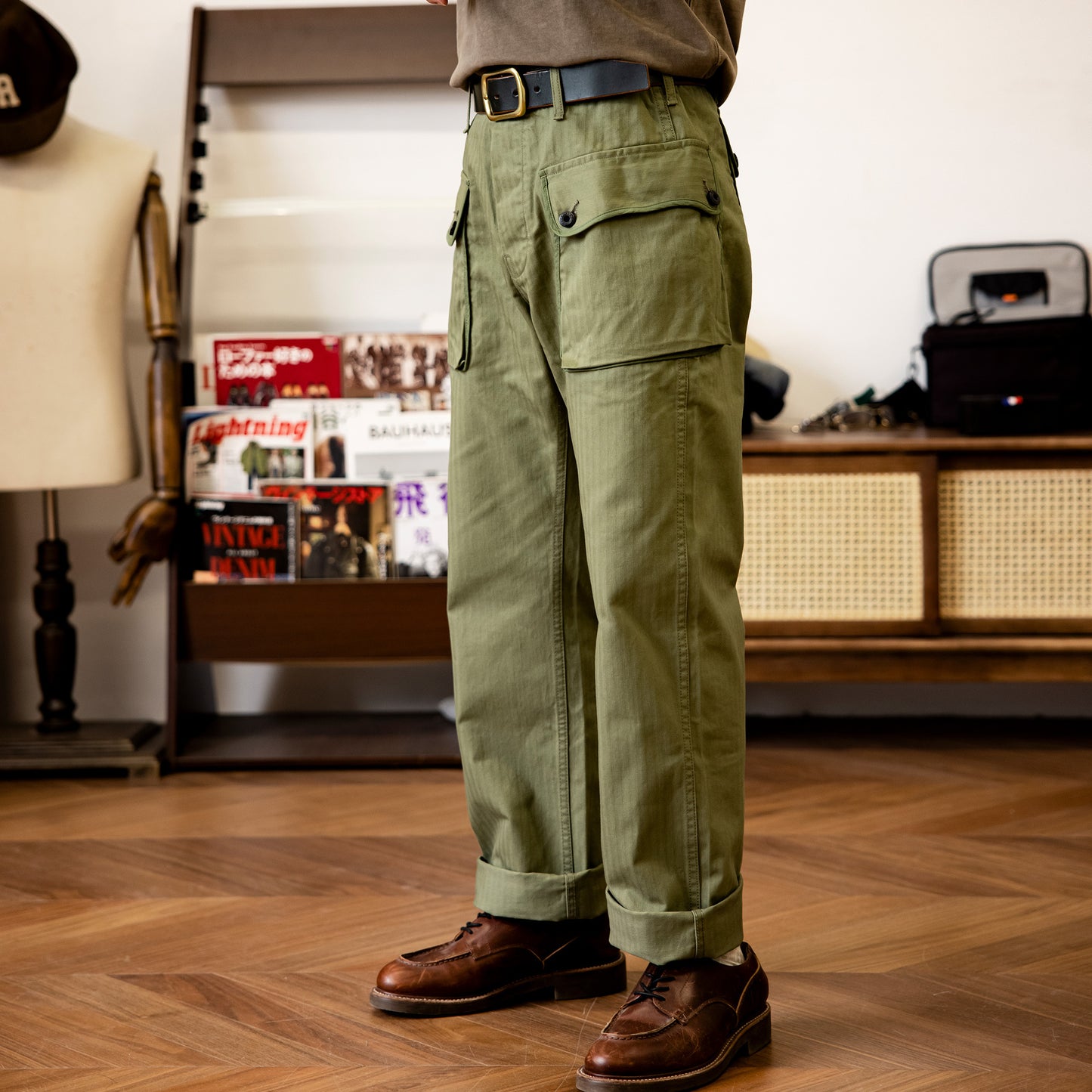 Men's Army Green Loose Straight Wide-leg Casual Pants